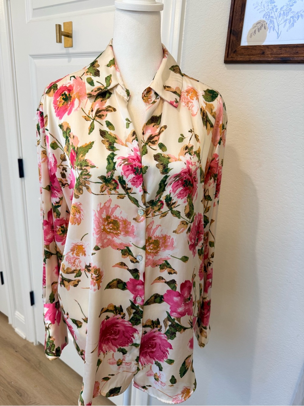 Zara Floral Button-Up Blouse - Pink Floral on Cream